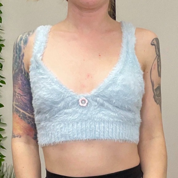 For Love & Lemons Tops - For Love and Lemons Devon Fuzzy Crop Top Sleeveless Light Blue Flower XXS NEW